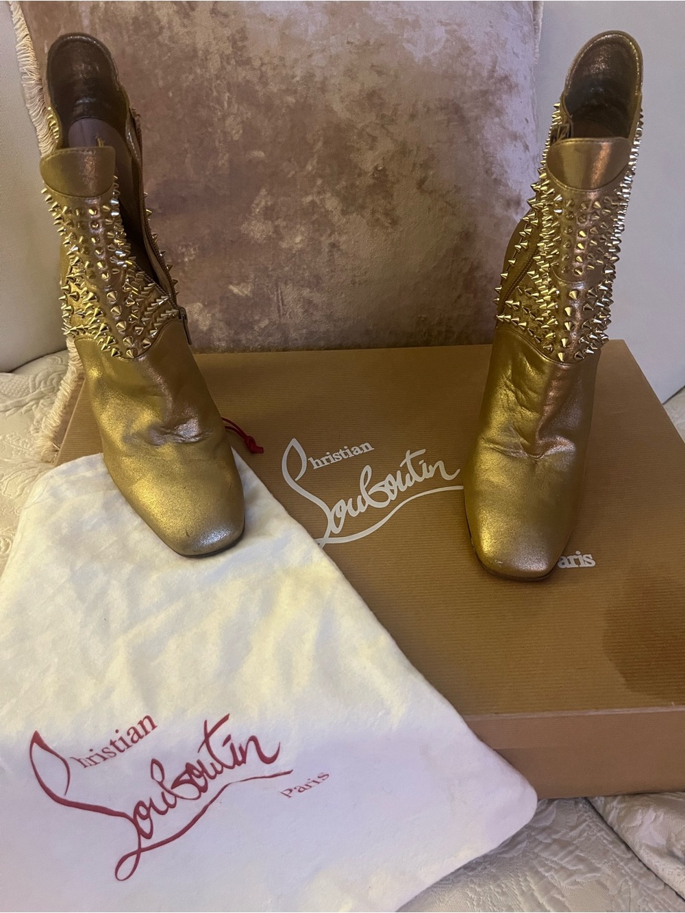 Christian Louboutin Metallic Gold Spike Booties - Sz 38